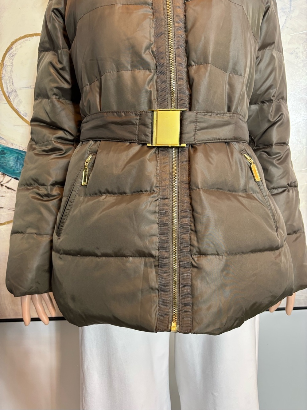 Joe Fresh Brown Quilted Hooded Puffer Jacket with Belt - Picture 3 of 16